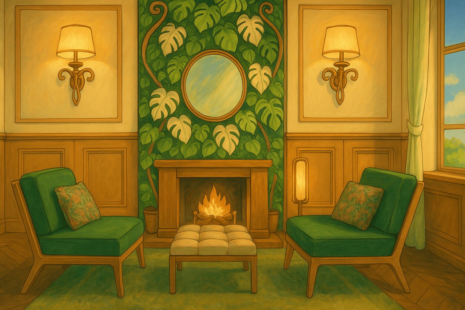 a room with green chairs and a fireplace